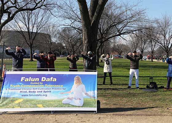 Image for article Вашингтон (ОК). Туристы изучают упражнения Фалуньгун на Национальной аллее